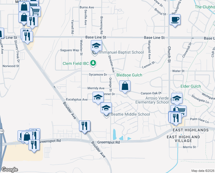 map of restaurants, bars, coffee shops, grocery stores, and more near 28480 Merridy Avenue in Highland