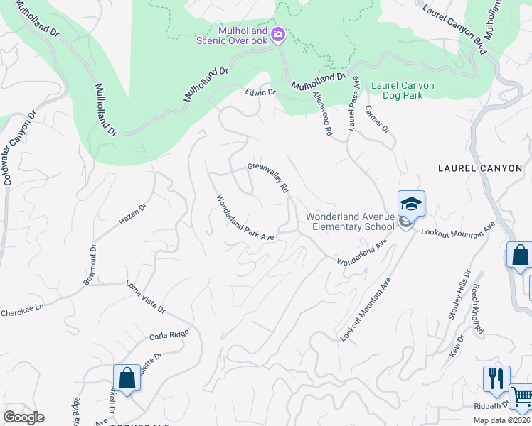 map of restaurants, bars, coffee shops, grocery stores, and more near 2401 Crest View Drive in Los Angeles