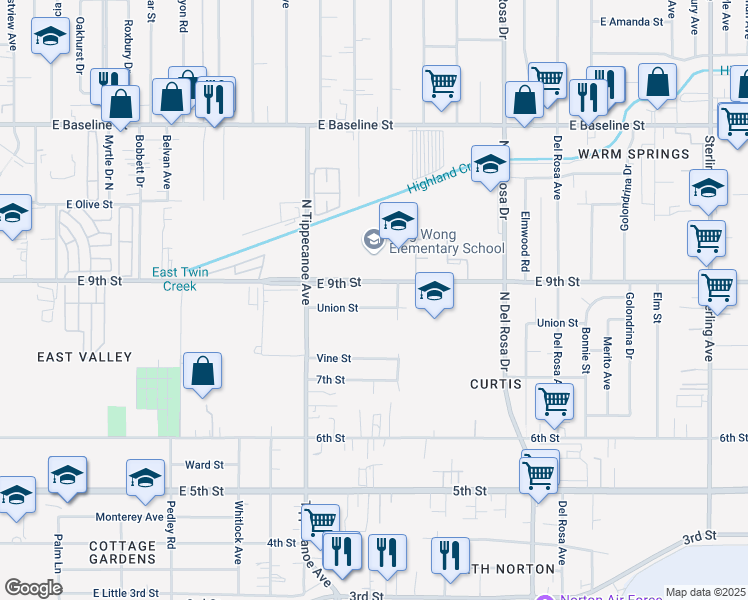map of restaurants, bars, coffee shops, grocery stores, and more near 25041 Union Street in San Bernardino