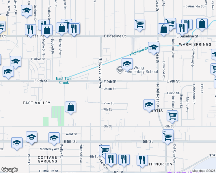 map of restaurants, bars, coffee shops, grocery stores, and more near 24969 Union Street in San Bernardino