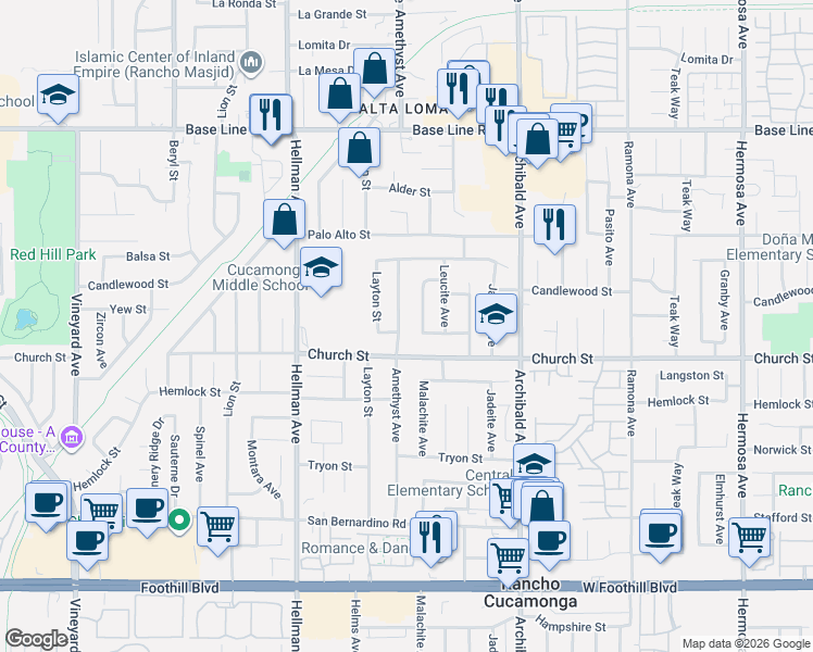 map of restaurants, bars, coffee shops, grocery stores, and more near 9469 Yew Street in Rancho Cucamonga