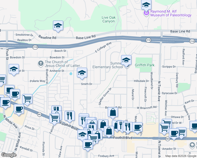 map of restaurants, bars, coffee shops, grocery stores, and more near 4004 Las Casas Avenue in Claremont