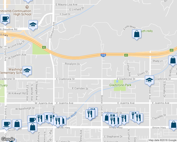 map of restaurants, bars, coffee shops, grocery stores, and more near 1327 Essex Court in Glendora
