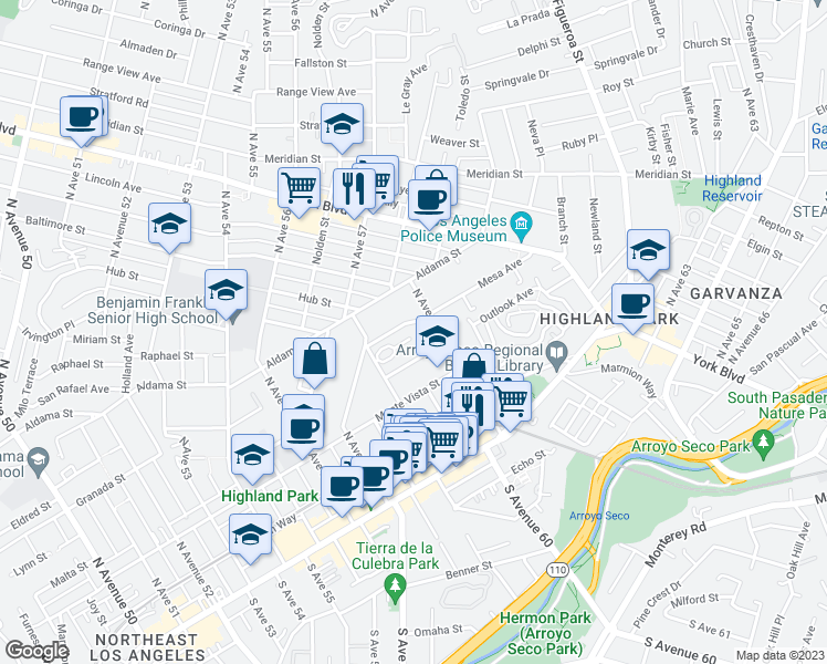 map of restaurants, bars, coffee shops, grocery stores, and more near 5924 El Mio Drive in Los Angeles