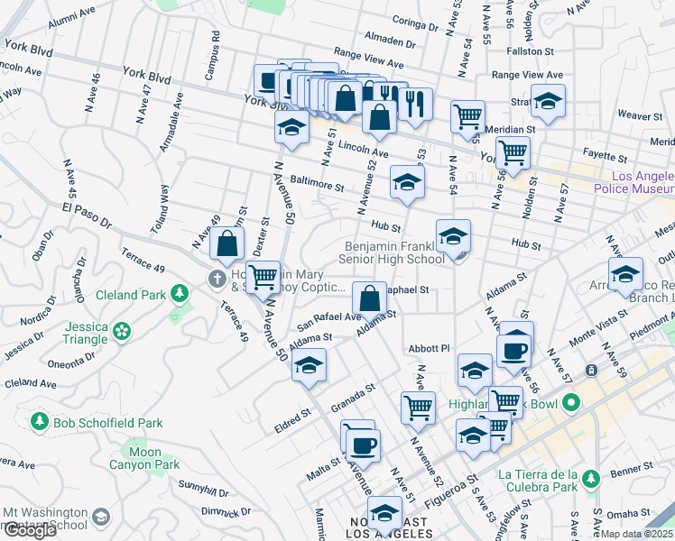 map of restaurants, bars, coffee shops, grocery stores, and more near 5128 Miriam Street in Los Angeles