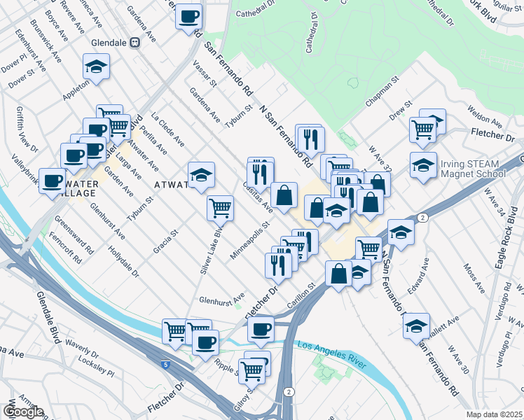 map of restaurants, bars, coffee shops, grocery stores, and more near 3201 La Clede Avenue in Los Angeles