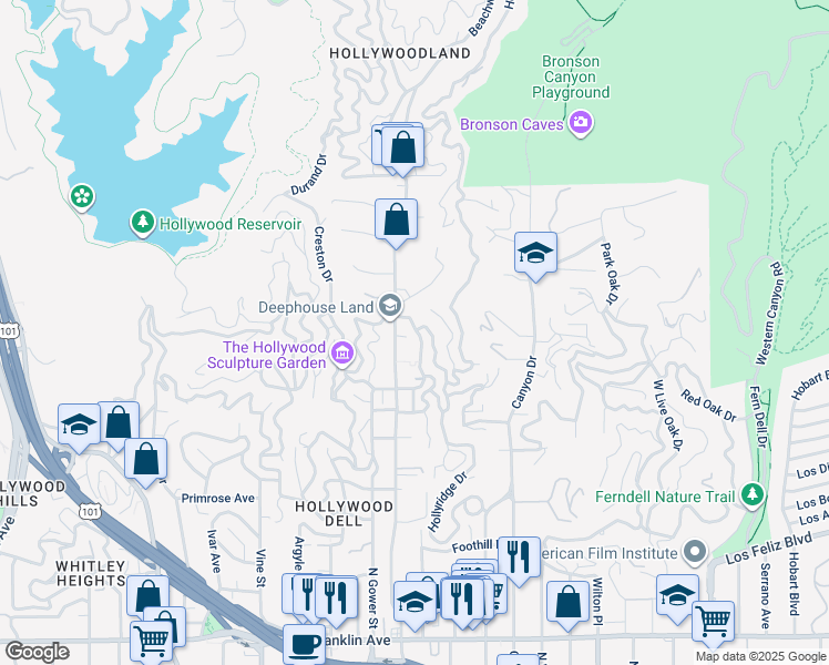 map of restaurants, bars, coffee shops, grocery stores, and more near 2447 North Beachwood Drive in Los Angeles