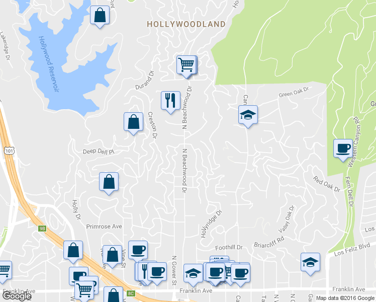 map of restaurants, bars, coffee shops, grocery stores, and more near 2447 North Beachwood Drive in Los Angeles