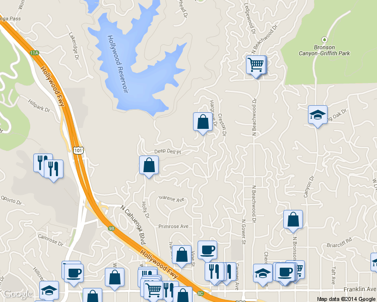 map of restaurants, bars, coffee shops, grocery stores, and more near 6369 La Punta Drive in Los Angeles