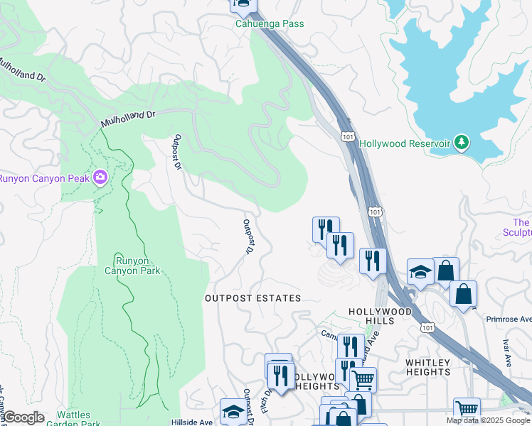 map of restaurants, bars, coffee shops, grocery stores, and more near 2400 Castilian Drive in Los Angeles