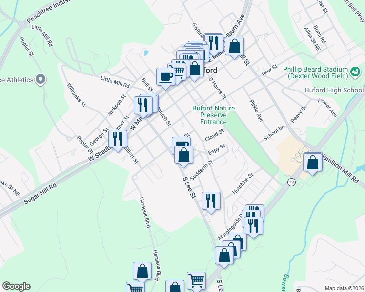 map of restaurants, bars, coffee shops, grocery stores, and more near 425 South Church Street in Buford