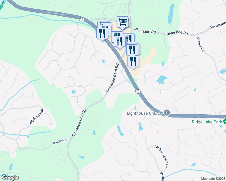 map of restaurants, bars, coffee shops, grocery stores, and more near 341 Kendrix Road in Sugar Hill