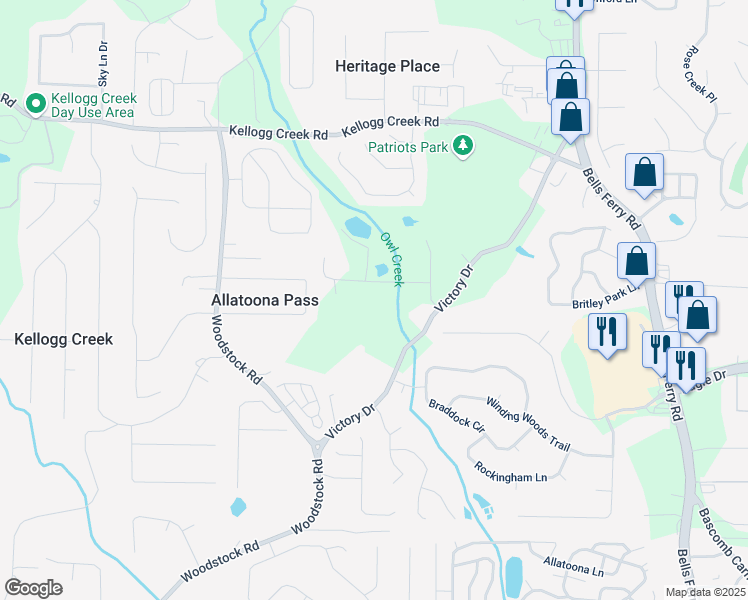 map of restaurants, bars, coffee shops, grocery stores, and more near 1537 David Lee Street in Acworth