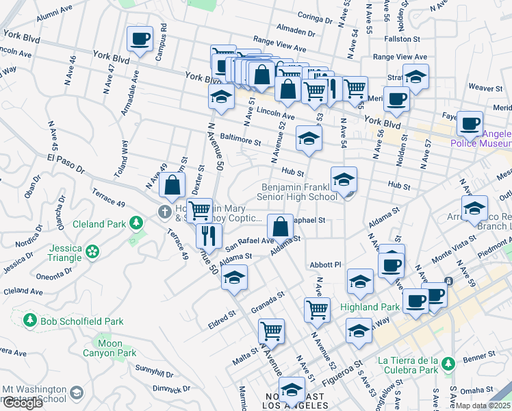 map of restaurants, bars, coffee shops, grocery stores, and more near 5128 Miriam Street in Los Angeles