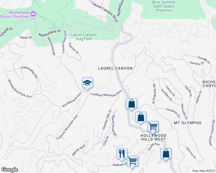map of restaurants, bars, coffee shops, grocery stores, and more near 8325 Lookout Mountain Avenue in Los Angeles