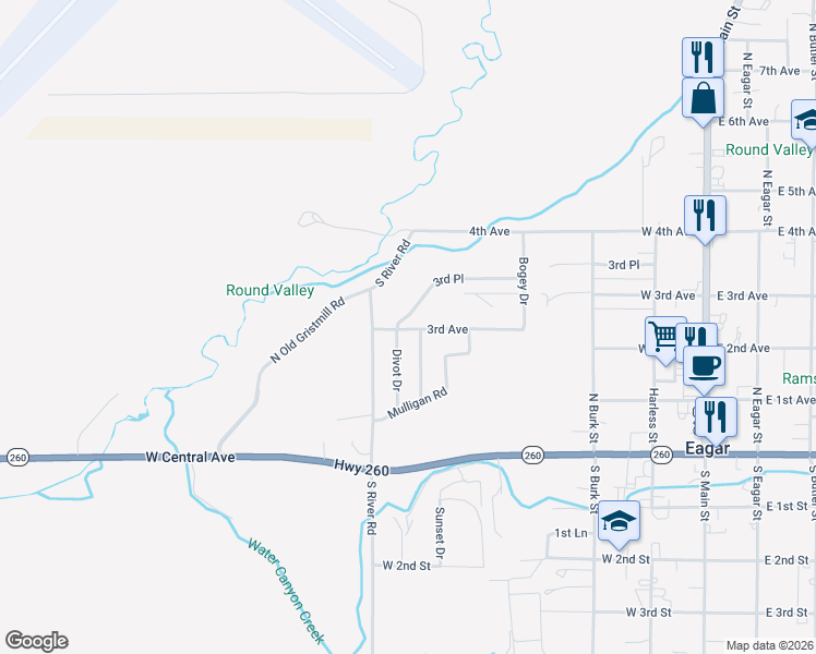 map of restaurants, bars, coffee shops, grocery stores, and more near 198 Divot Drive in Eagar