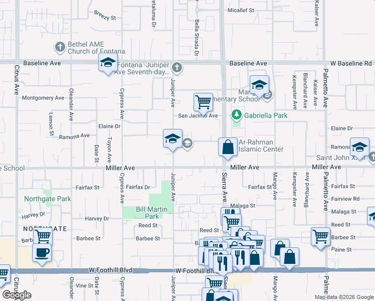 map of restaurants, bars, coffee shops, grocery stores, and more near 7655 Juniper Avenue in Fontana