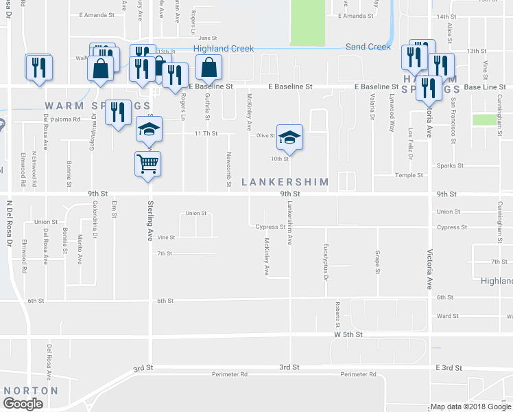 map of restaurants, bars, coffee shops, grocery stores, and more near 7633 McKinley Avenue in San Bernardino