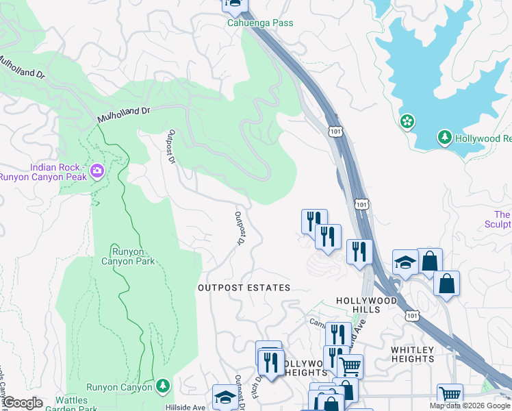 map of restaurants, bars, coffee shops, grocery stores, and more near 2400 Castilian Drive in Los Angeles