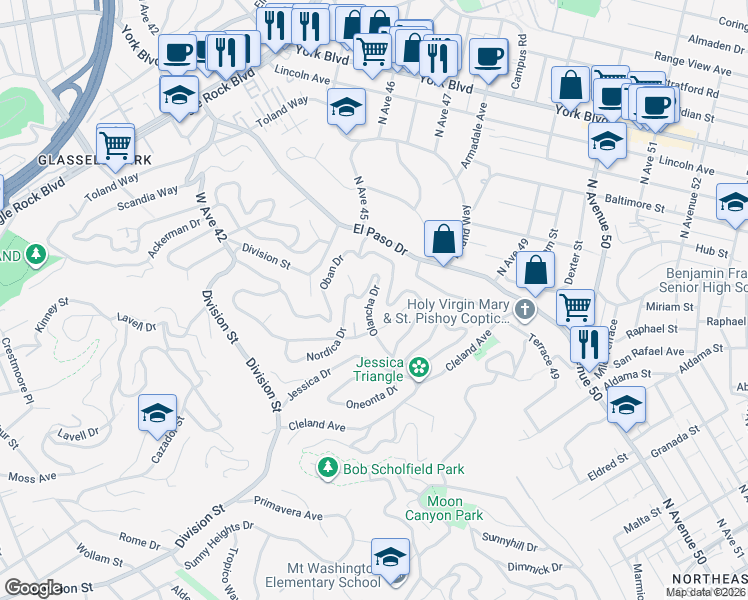 map of restaurants, bars, coffee shops, grocery stores, and more near 4621 Palmero Drive in Los Angeles
