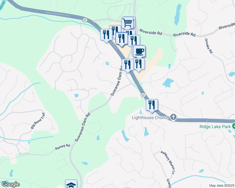 map of restaurants, bars, coffee shops, grocery stores, and more near 341 Kendrix Road in Sugar Hill