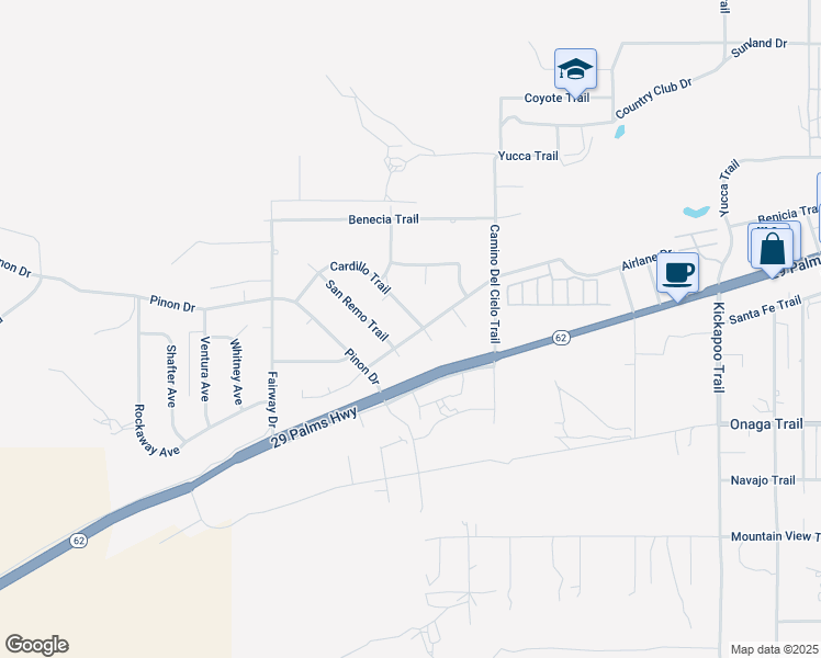 map of restaurants, bars, coffee shops, grocery stores, and more near 7582 Cardillo Trail in Yucca Valley