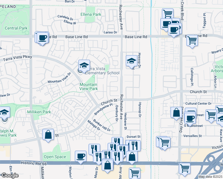 map of restaurants, bars, coffee shops, grocery stores, and more near 11832 Saybrock Drive in Rancho Cucamonga