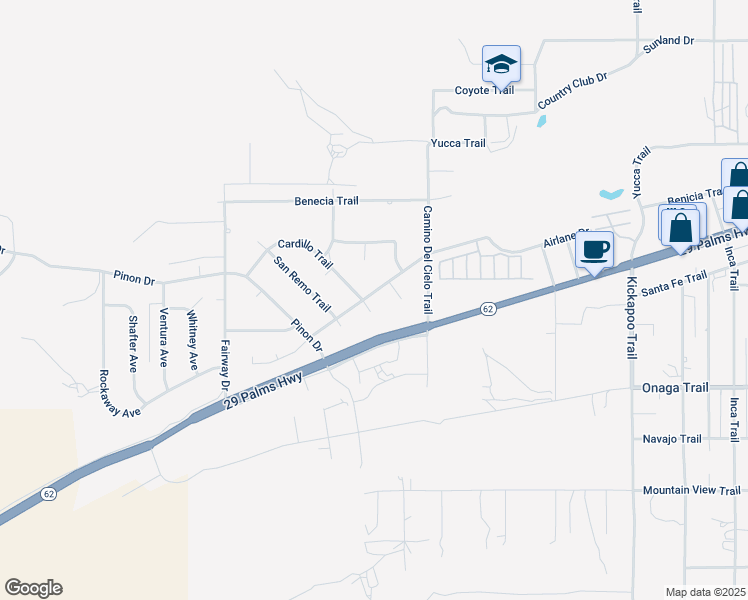 map of restaurants, bars, coffee shops, grocery stores, and more near 7589 Cardillo Trail in Yucca Valley