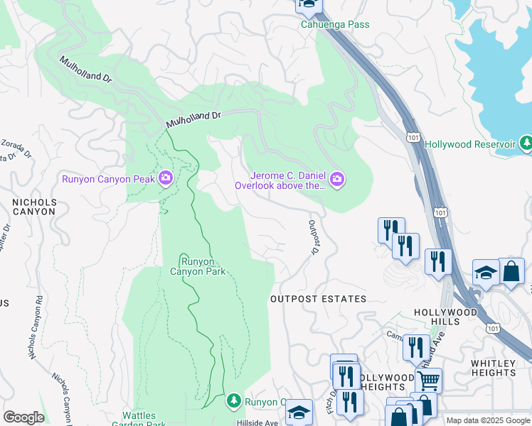 map of restaurants, bars, coffee shops, grocery stores, and more near 2500 Carman Crest Drive in Los Angeles