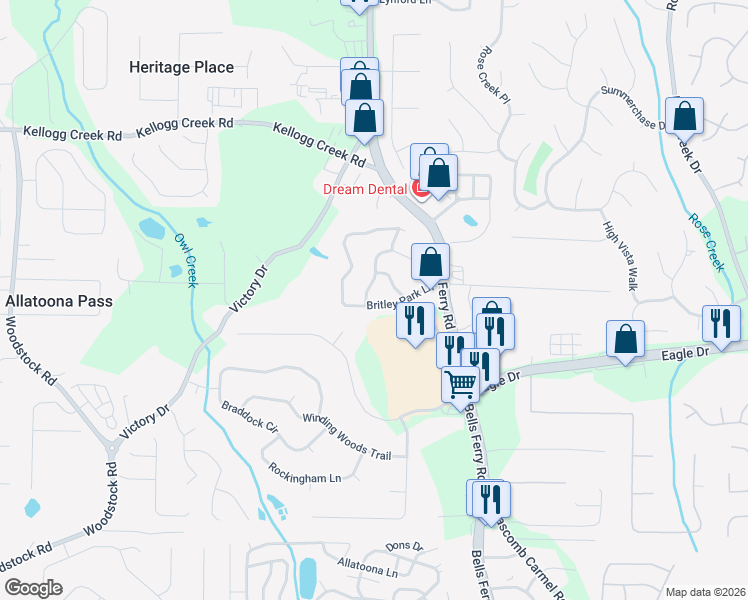 map of restaurants, bars, coffee shops, grocery stores, and more near 1092 Britley Park Lane in Woodstock