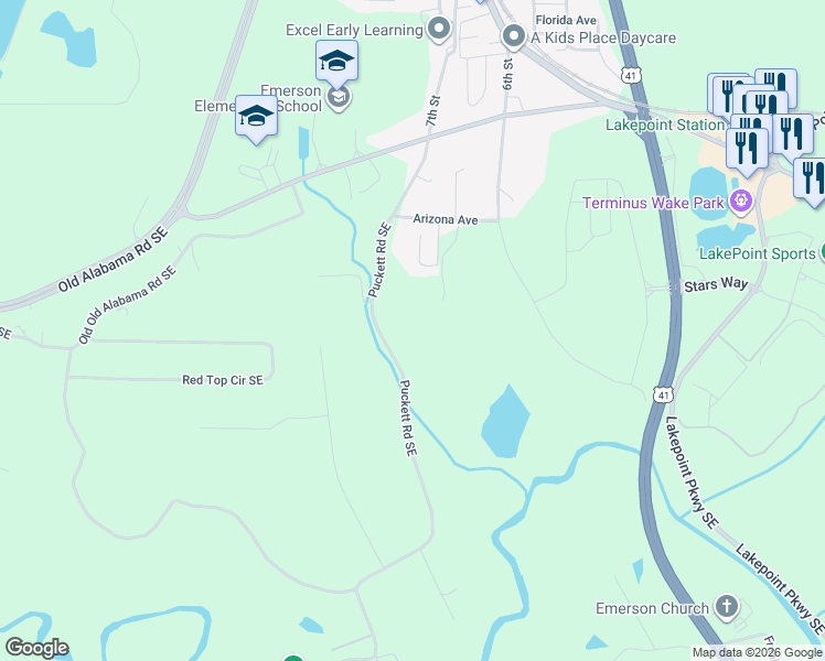 map of restaurants, bars, coffee shops, grocery stores, and more near 173 Puckett Road Southeast in Emerson