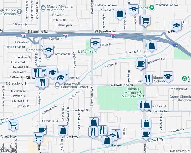 map of restaurants, bars, coffee shops, grocery stores, and more near 759 South Briargate Lane in Glendora