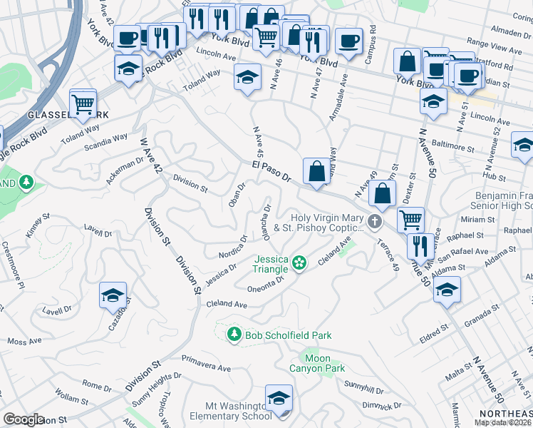 map of restaurants, bars, coffee shops, grocery stores, and more near 1042 Olancha Drive in Los Angeles