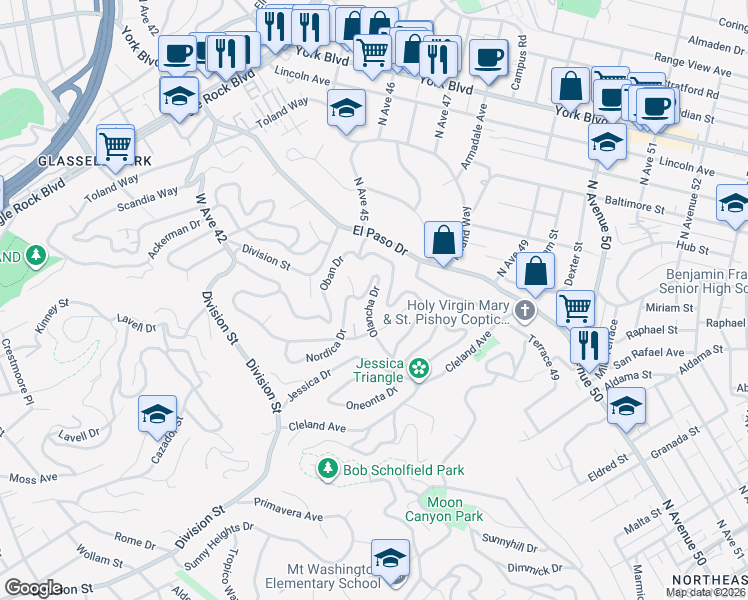 map of restaurants, bars, coffee shops, grocery stores, and more near 1042 Olancha Drive in Los Angeles