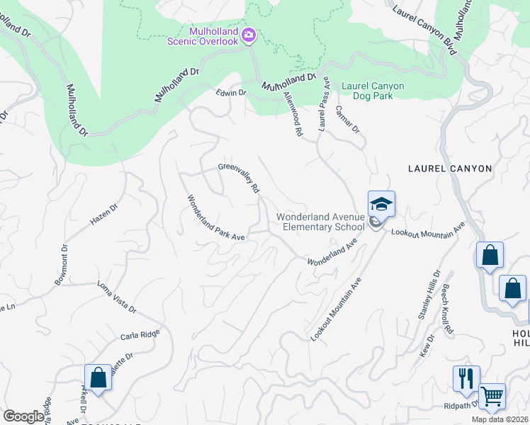 map of restaurants, bars, coffee shops, grocery stores, and more near 2431 Greenvalley Road in Los Angeles