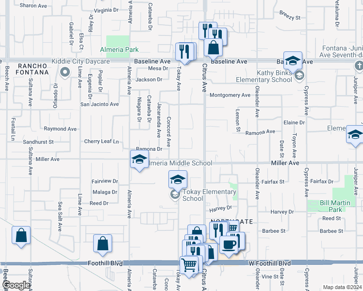 map of restaurants, bars, coffee shops, grocery stores, and more near 16010 Ramona Drive in Fontana