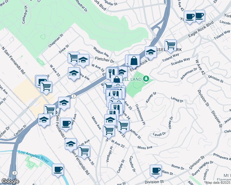 map of restaurants, bars, coffee shops, grocery stores, and more near 3416 Eagle Rock Boulevard in Los Angeles