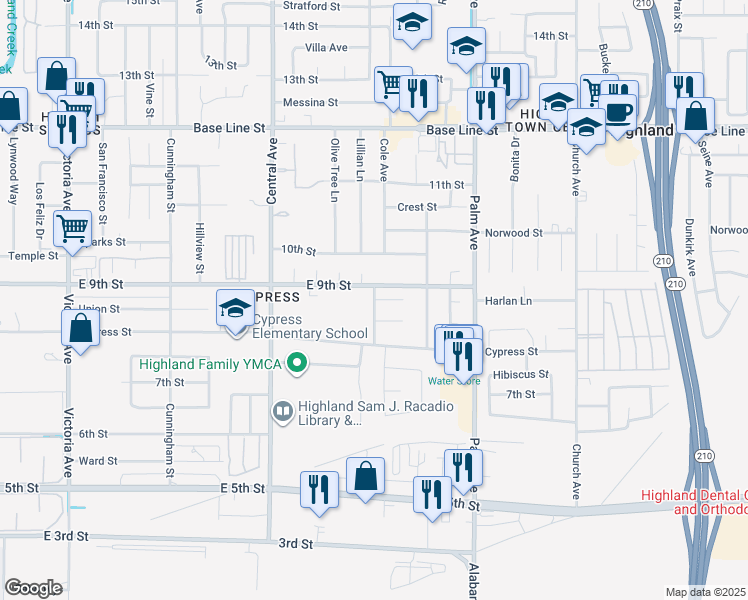map of restaurants, bars, coffee shops, grocery stores, and more near Cole Court in Highland