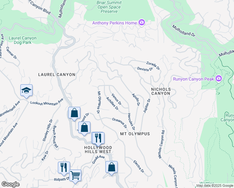 map of restaurants, bars, coffee shops, grocery stores, and more near 2367 Hercules Drive in Los Angeles