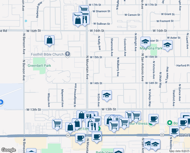 map of restaurants, bars, coffee shops, grocery stores, and more near 1428 North Erin Avenue in Upland