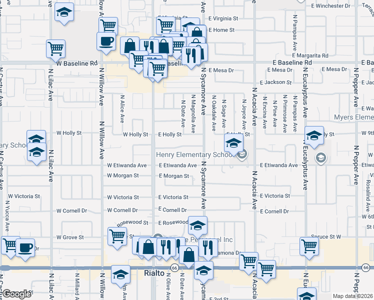 map of restaurants, bars, coffee shops, grocery stores, and more near 218 East Etiwanda Avenue in Rialto