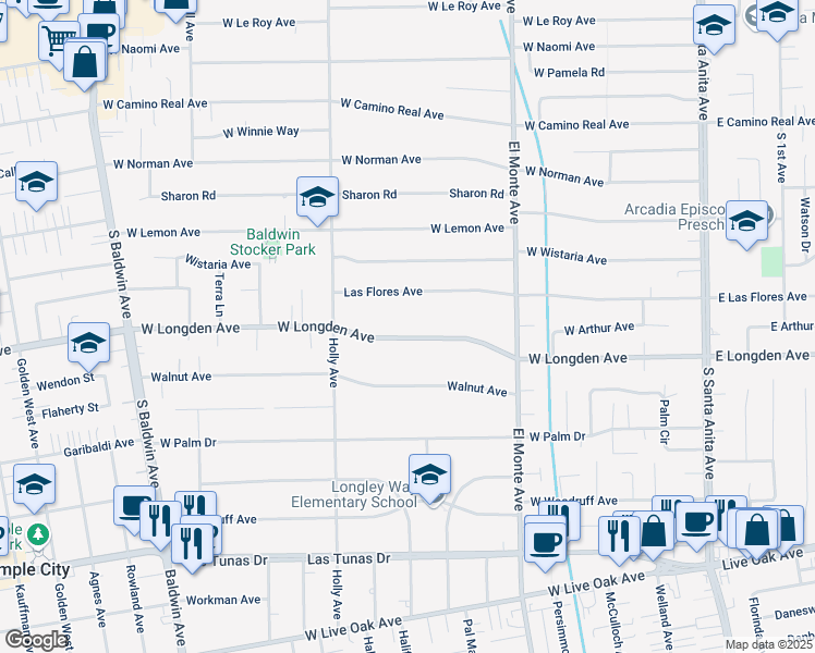 map of restaurants, bars, coffee shops, grocery stores, and more near 310 West Longden Avenue in Arcadia