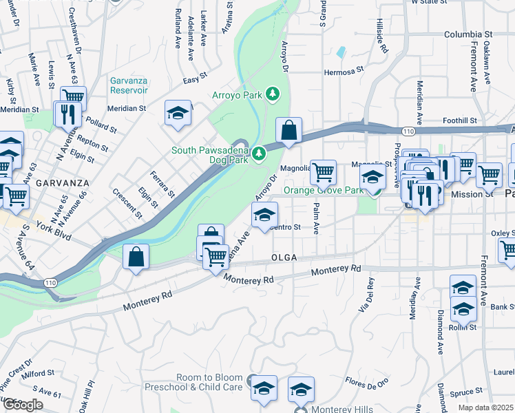 map of restaurants, bars, coffee shops, grocery stores, and more near 390 Pasadena Avenue in South Pasadena