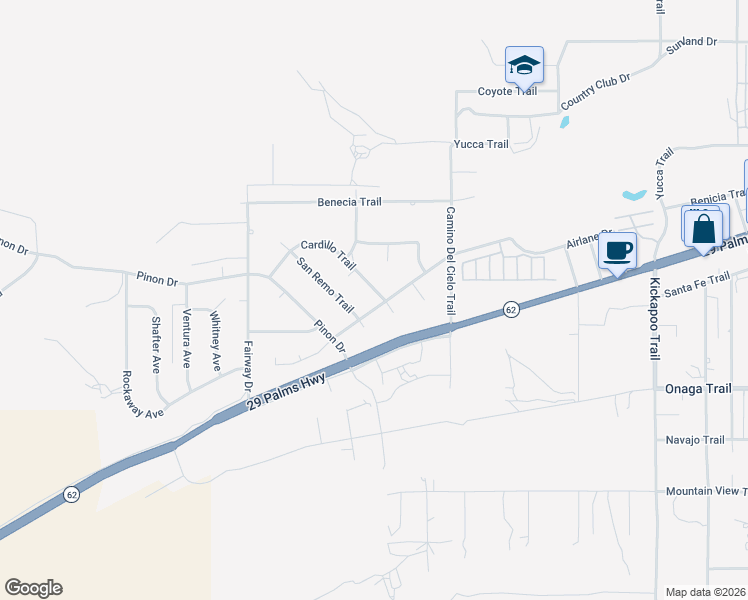 map of restaurants, bars, coffee shops, grocery stores, and more near 7582 Cardillo Trail in Yucca Valley