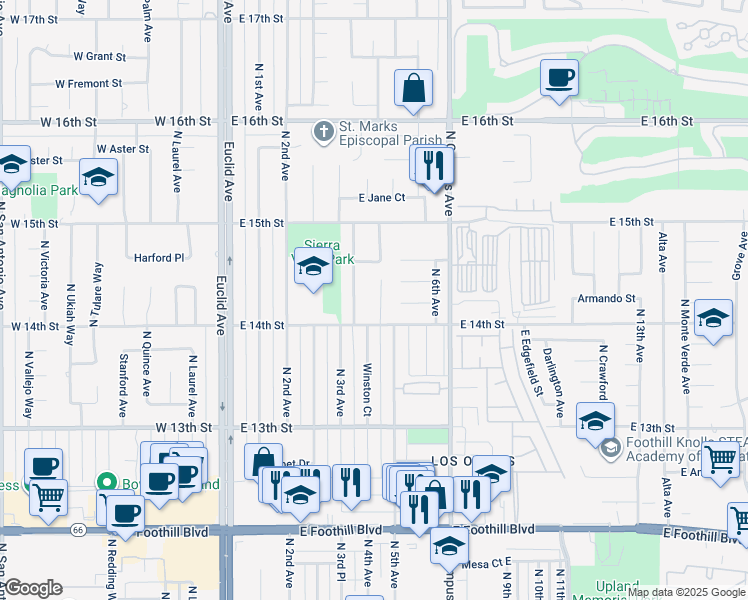 map of restaurants, bars, coffee shops, grocery stores, and more near 1423 Winston Court in Upland