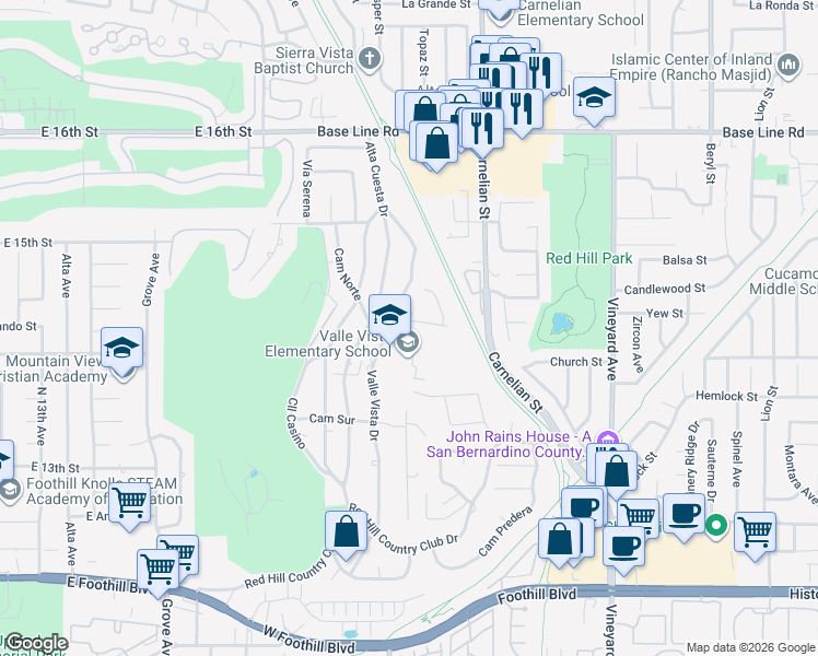 map of restaurants, bars, coffee shops, grocery stores, and more near 7727 Valle Vista Drive in Rancho Cucamonga