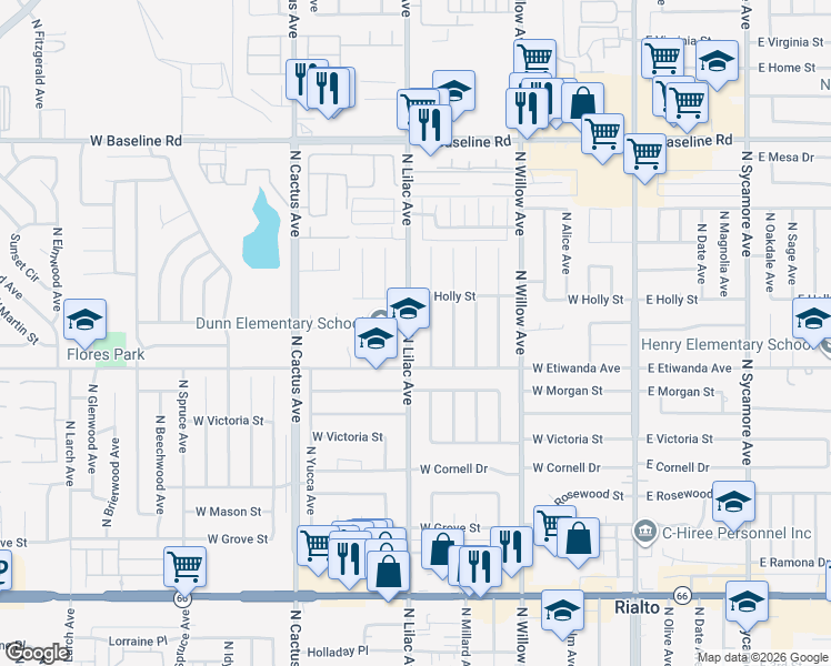 map of restaurants, bars, coffee shops, grocery stores, and more near 833 North Lilac Avenue in Rialto