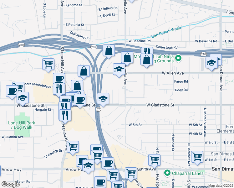 map of restaurants, bars, coffee shops, grocery stores, and more near 715 North Aguirre Avenue in San Dimas