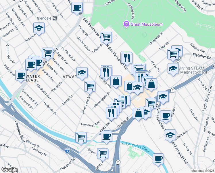map of restaurants, bars, coffee shops, grocery stores, and more near 3201 La Clede Avenue in Los Angeles