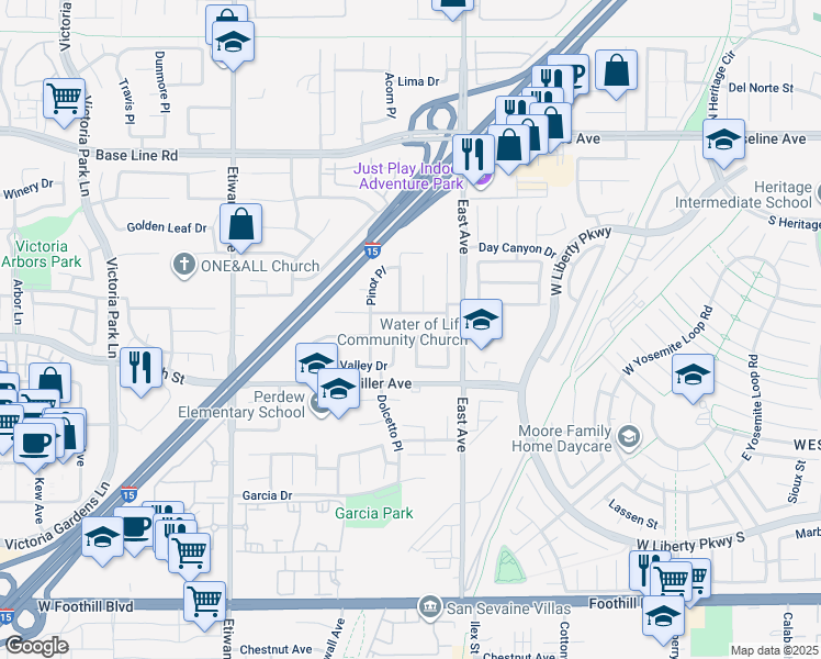 map of restaurants, bars, coffee shops, grocery stores, and more near 13249 Firestone Drive in Rancho Cucamonga
